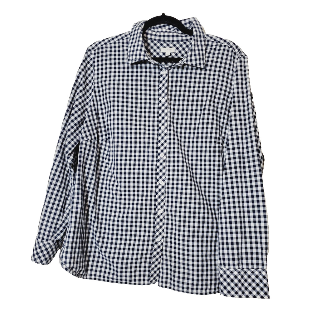 Talbots Button Down Top Womens 2X Gingham Blue & White Long Sleeve 100% Cotton